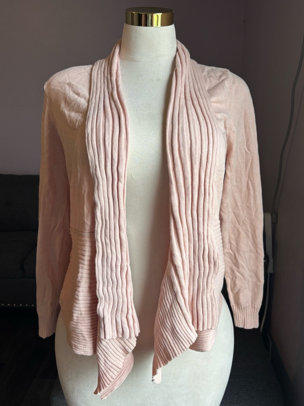 Light Pink Ribbed Open-Front Women's Sweater Cardigan